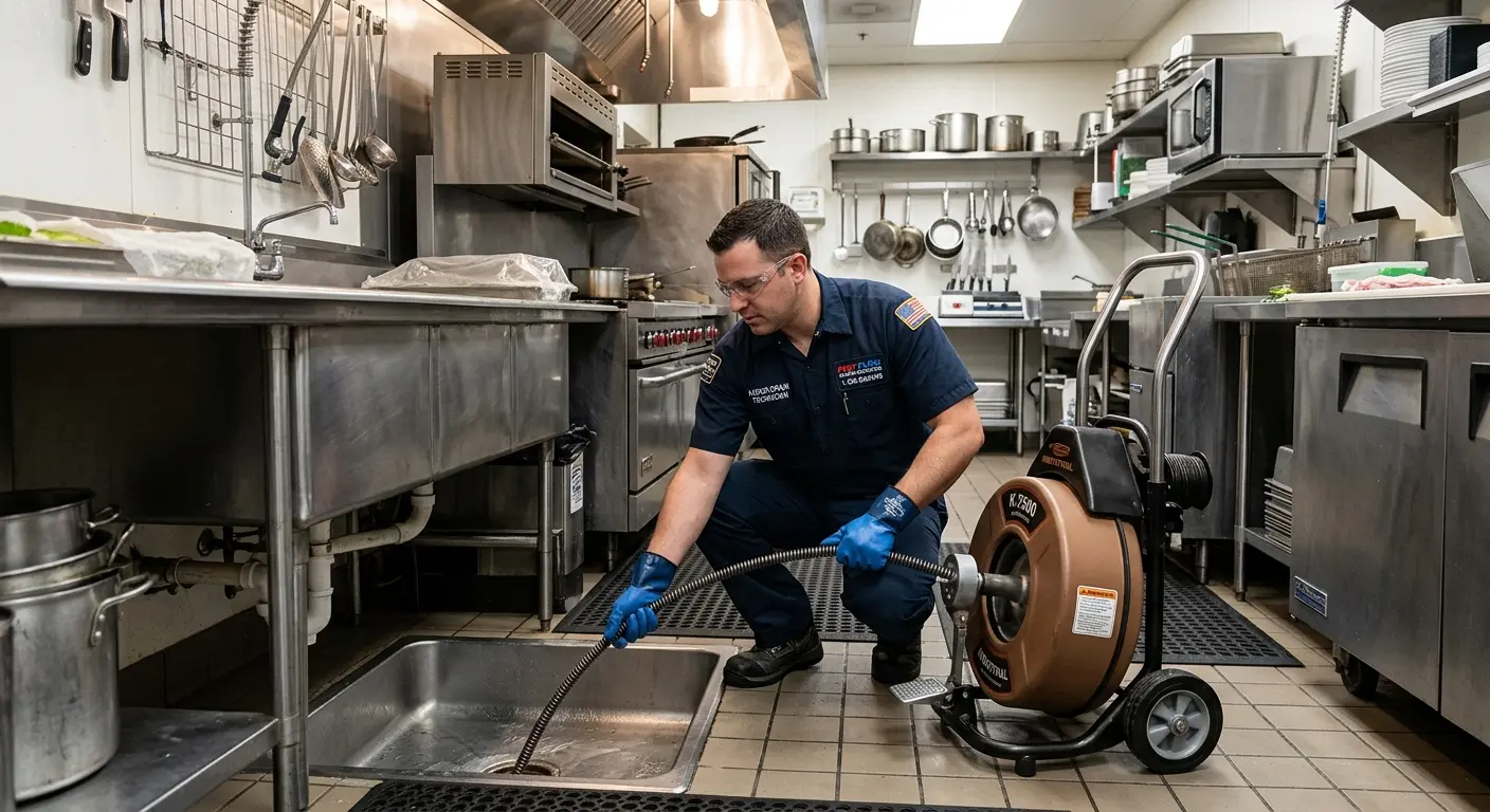 Commercial drain cleaning service in a restaurant kitchen in Newton