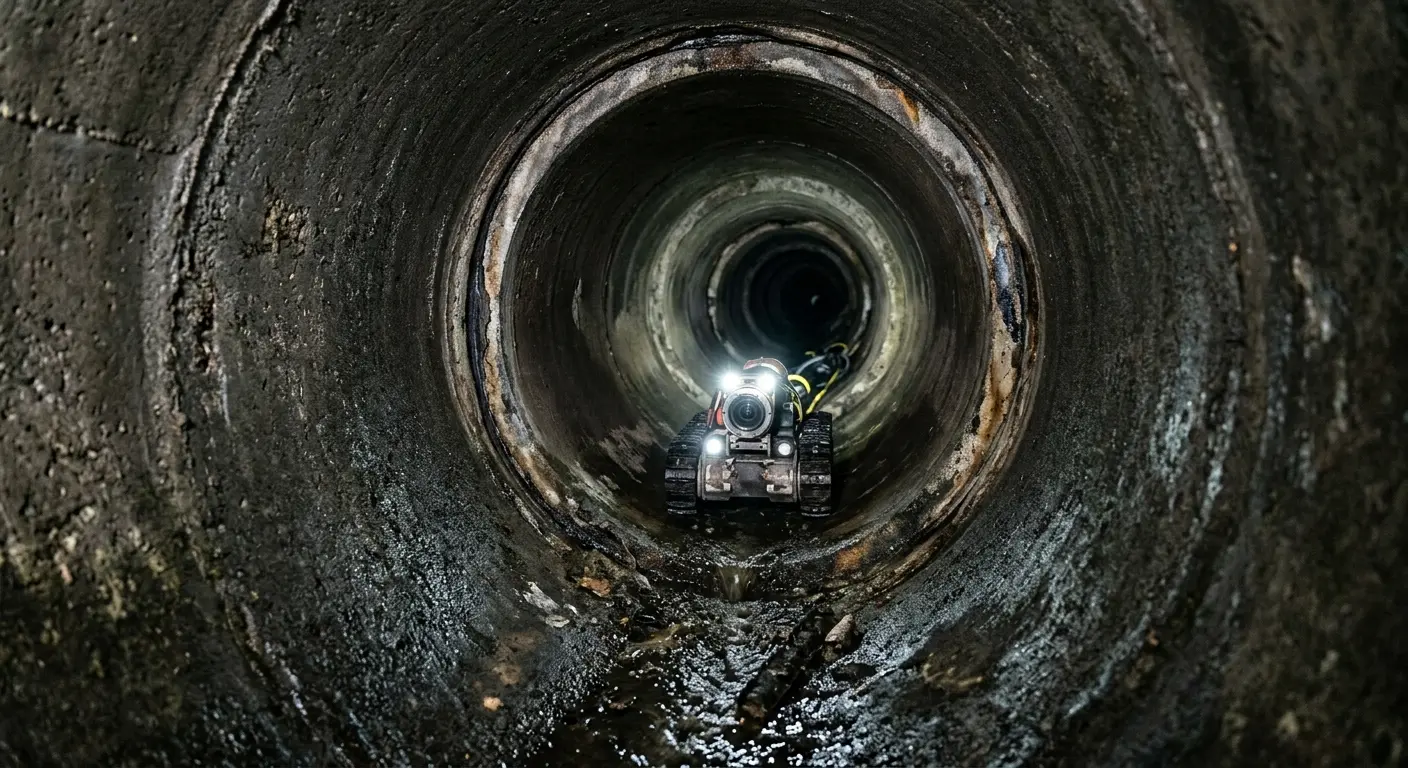 Robotic sewer camera inspecting pipe interior for Sewer Line Cleaning in Newton