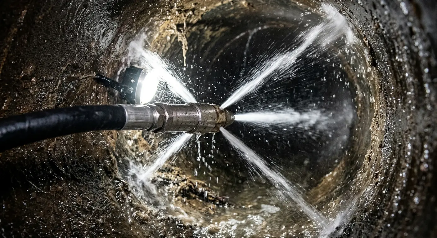 High-pressure hydro jetting nozzle cleaning sewer pipe for Sewer Cleanout in Newton