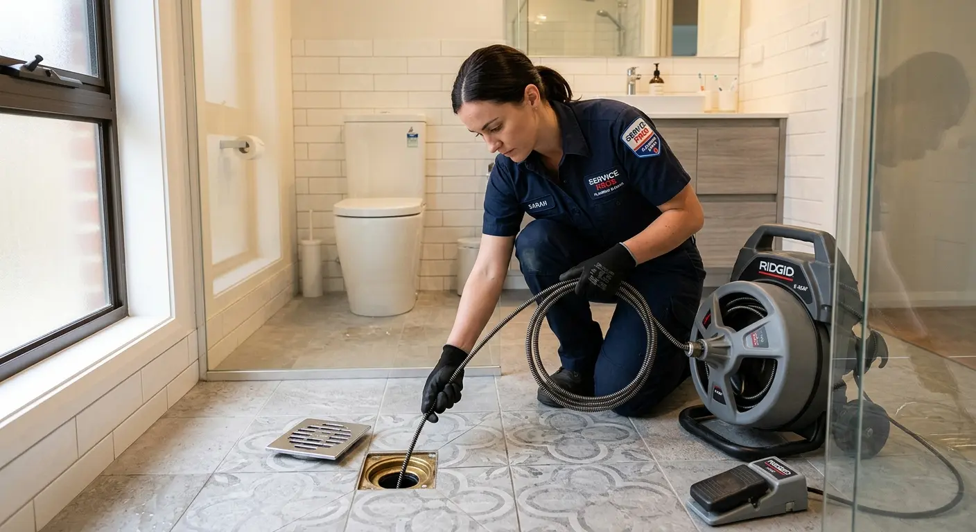 Technician clearing a bathroom floor drain for Clogged Drain Repair in Newton